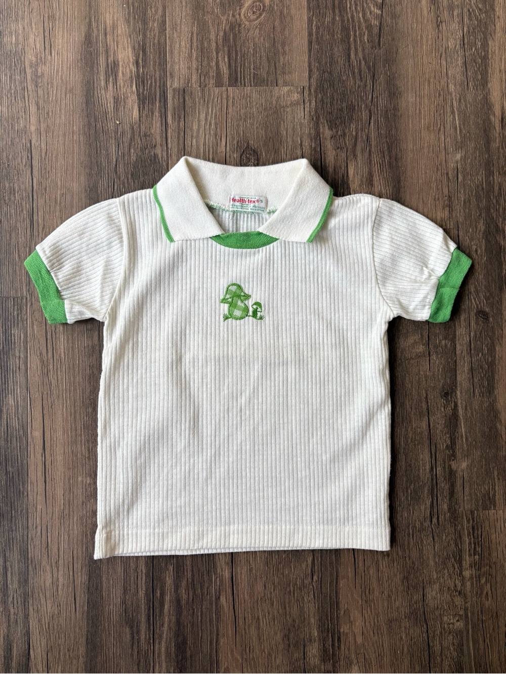 VTG  Healthtex Girls Ribbed Polo Size 5 White/Green Gingham Mushroom Embroidery